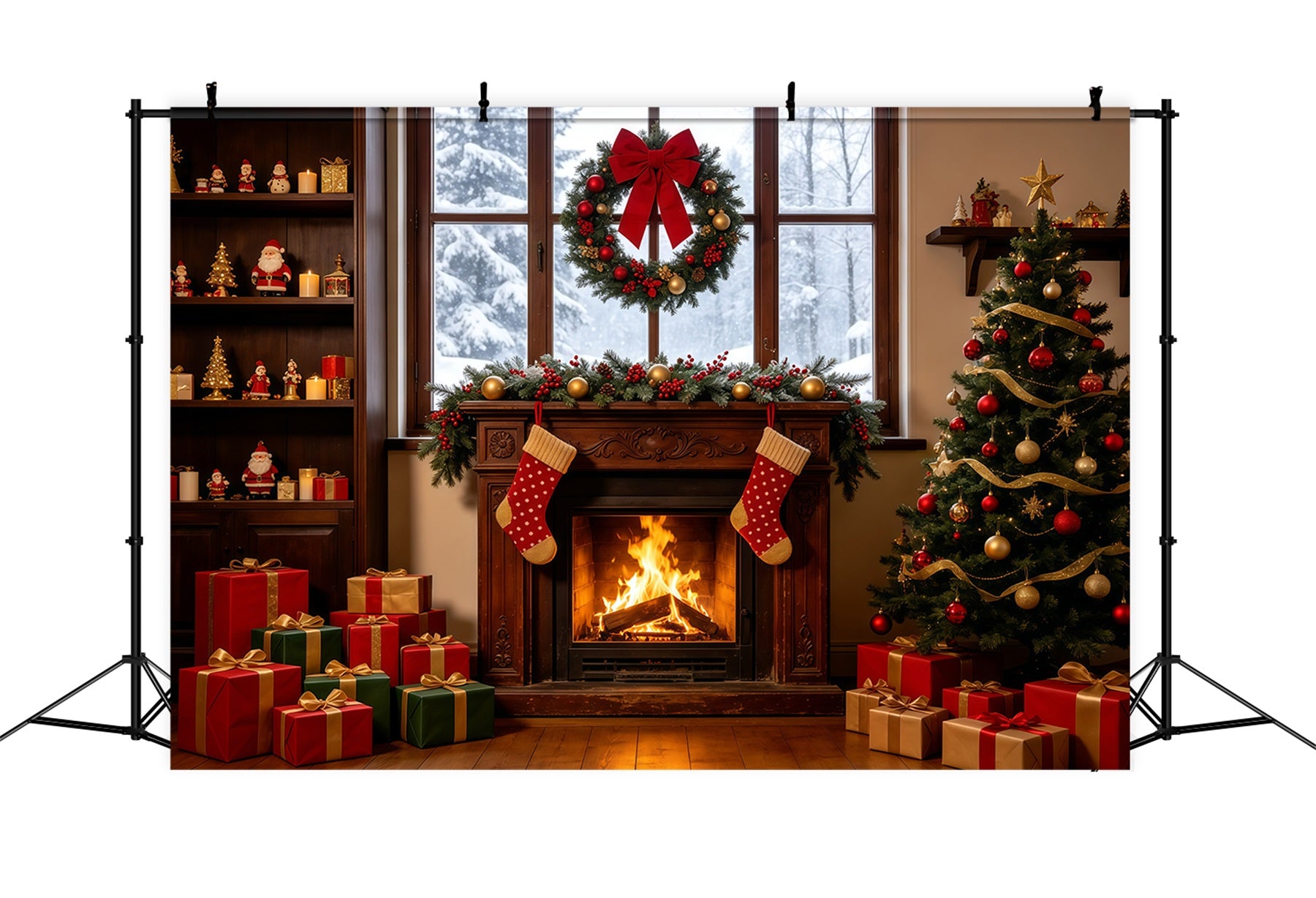 Christmas Window Backdrop Cozy Fireplace Stocking Tree Large Christmas Backdrops GQ68-124