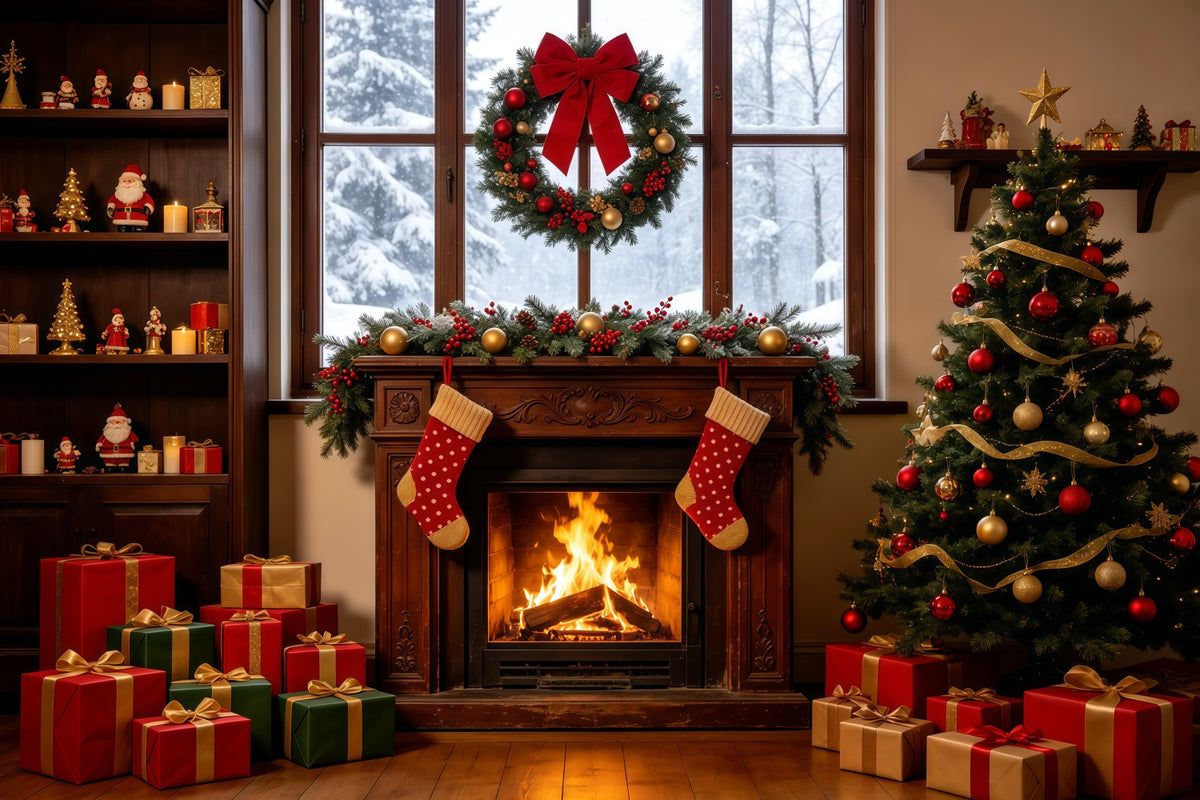 Christmas Window Backdrop Cozy Fireplace Stocking Tree Large Christmas Backdrops GQ68-124