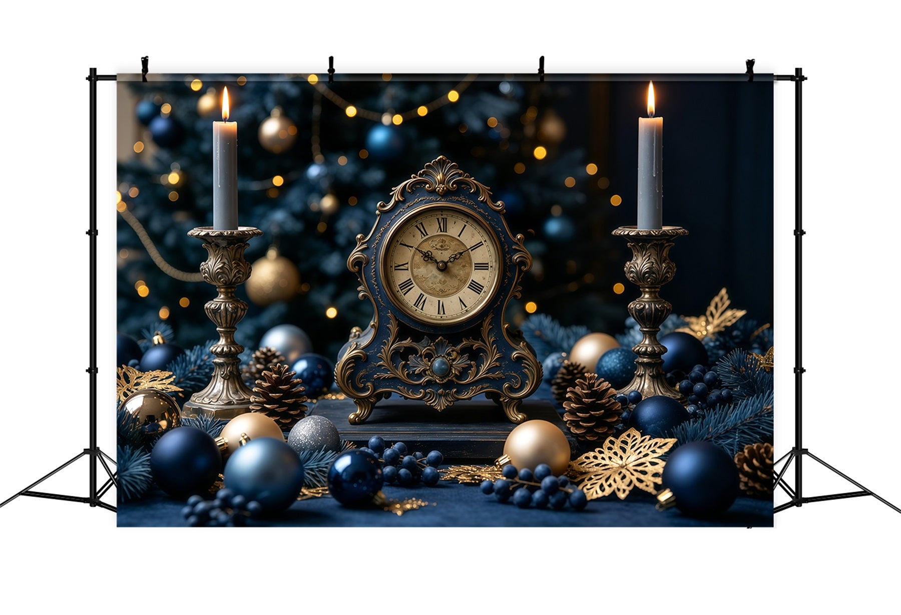 Vintage Christmas Backdrop Blue Clock Candle Display Christmas Backdrop Ideas GQ68-125