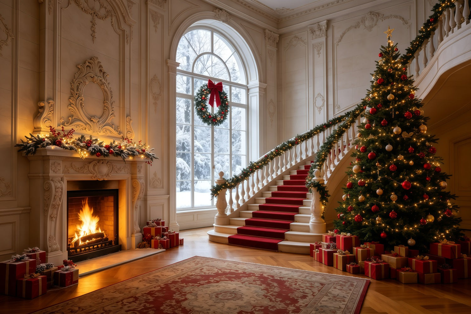 Christmas Backdrop Elegant Staircase Mansion Hall Photography Christmas Backdrops GQ68-126
