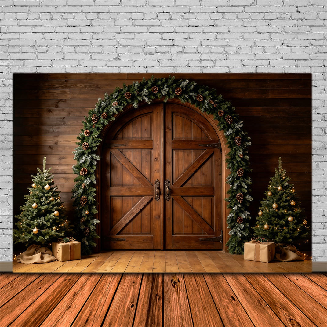 Christmas Barn Door Backdrop Rustic Wood Door Garland Large Christmas Backdrop GQ68-127