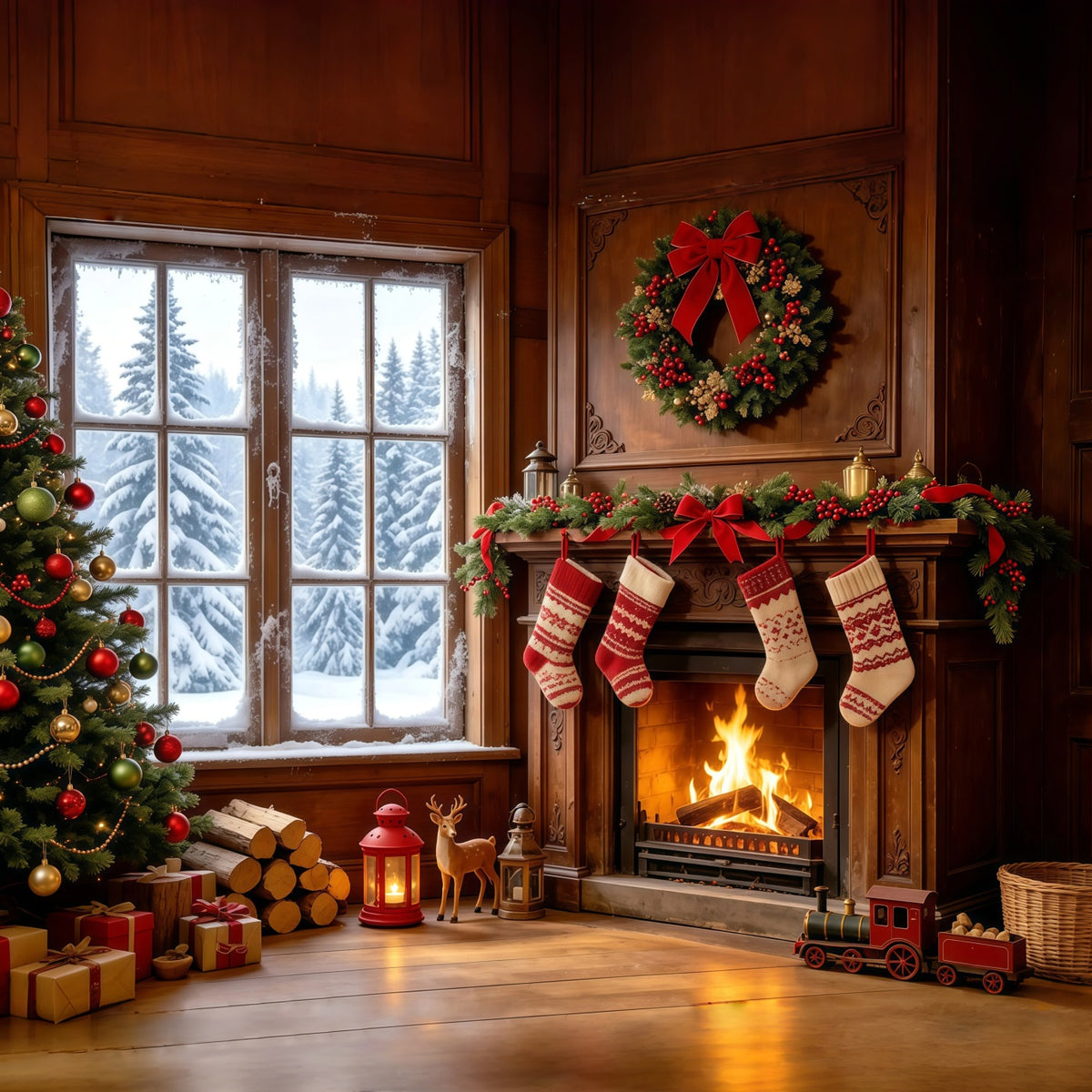 Christmas Themed Backdrops Cozy Fireplace Stockings Window Backdrops Christmas GQ68-128