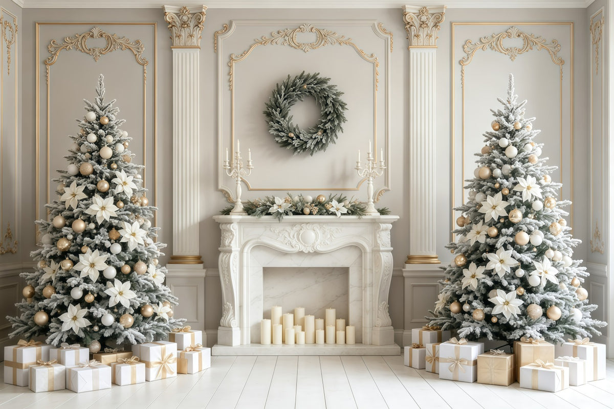 Christmas Fireplace Backdrop Elegant White Floral Mantel Photography Christmas Backdrop GQ68-129