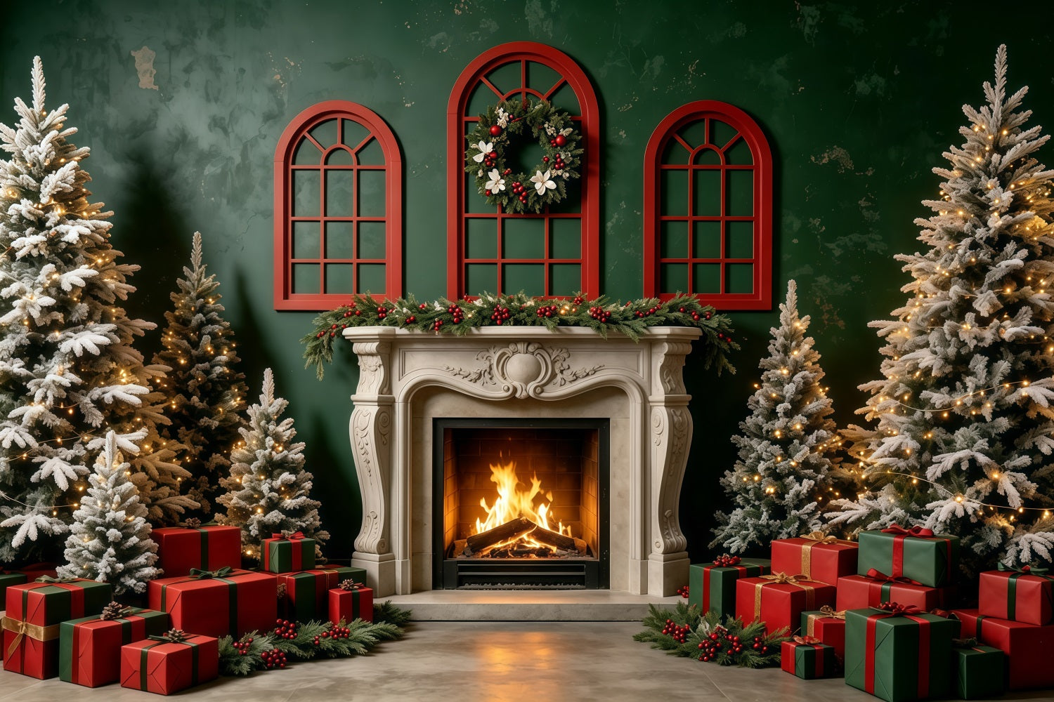 Christmas Scene Backdrop Green Wall Fireplace Gift Photo Backdrops Christmas GQ68-131