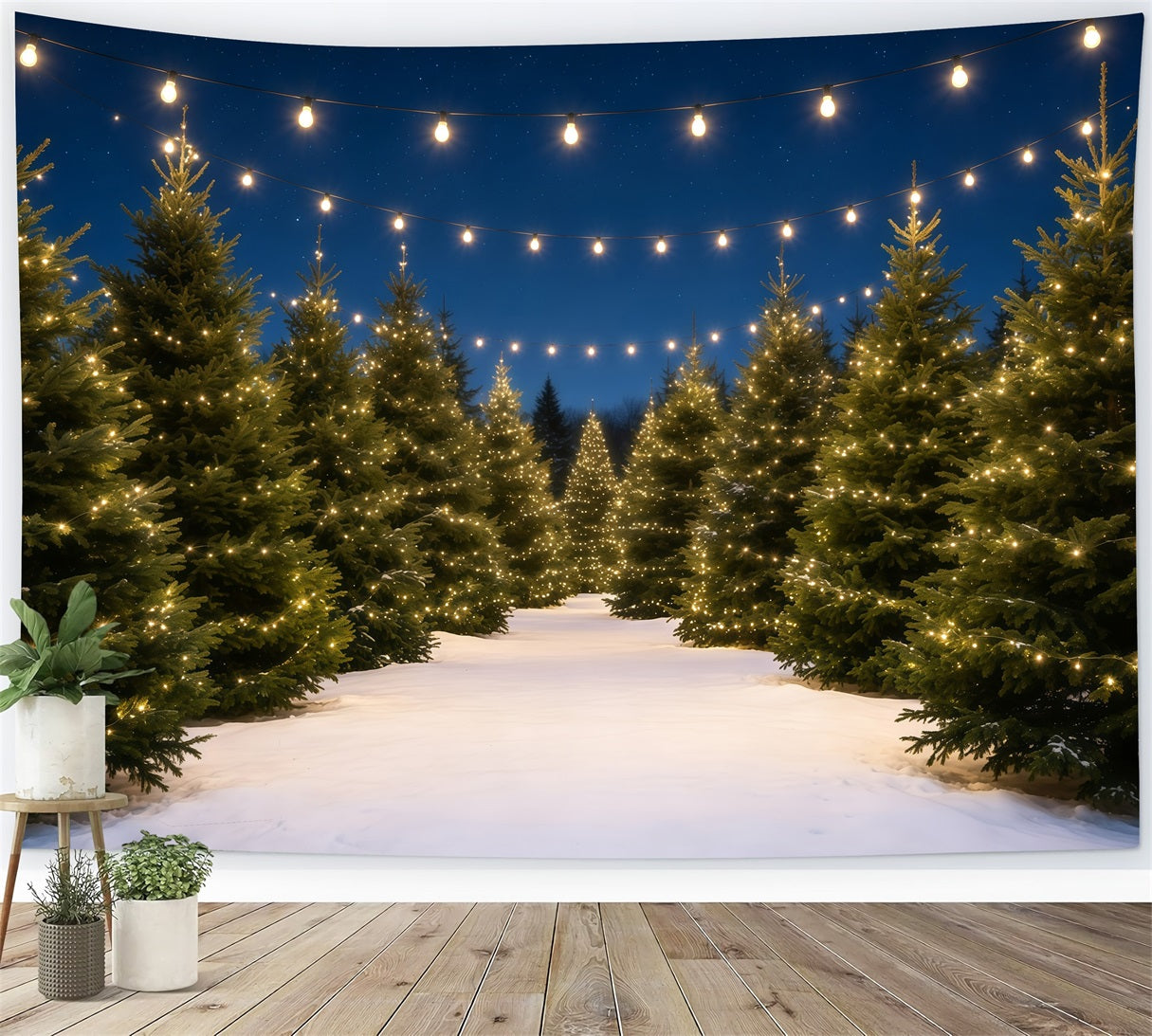 Christmas Tree Farm Backdrop Snowy Pine Light Path Christmas Backdrops GQ68-132