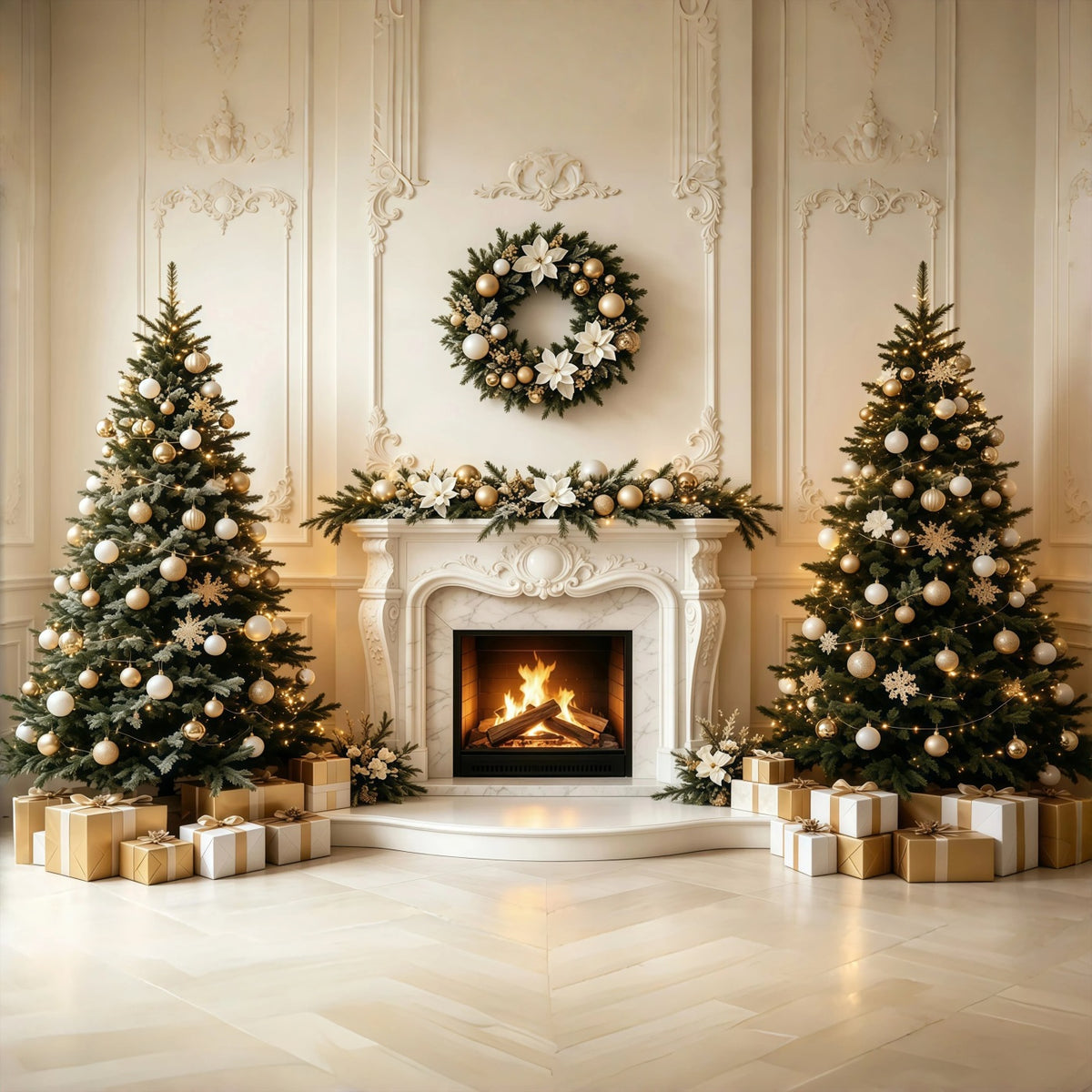 Christmas Living Room Backdrop Elegant Mantel Fireplace Photography Backdrop Christmas GQ68-134