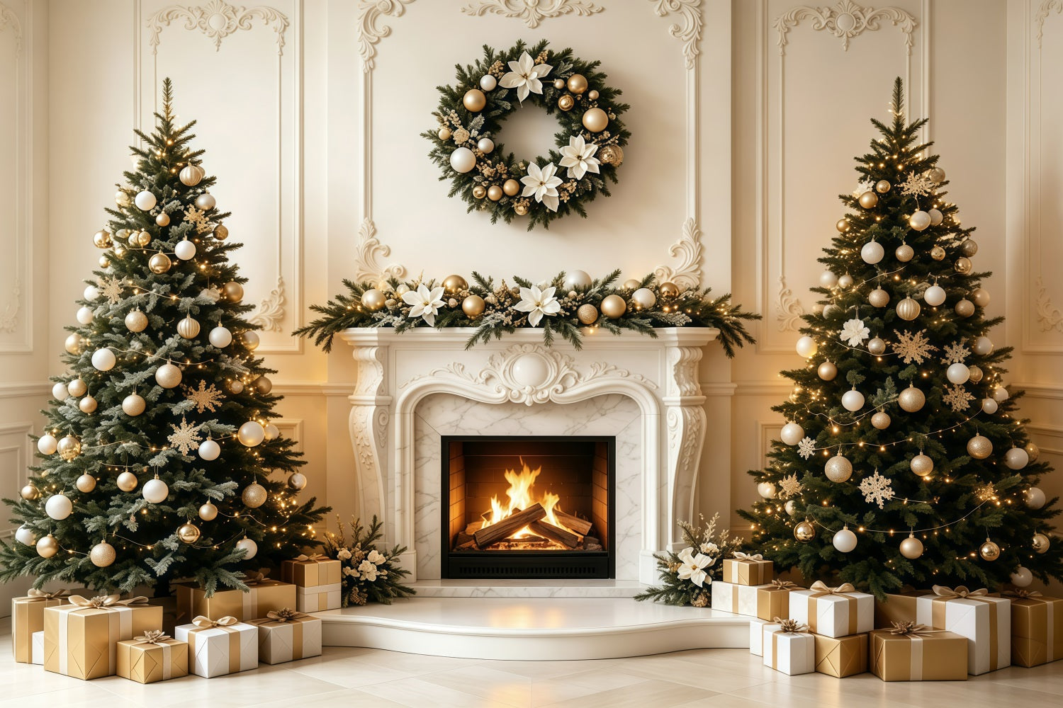 Christmas Living Room Backdrop Elegant Mantel Fireplace Photography Backdrop Christmas GQ68-134