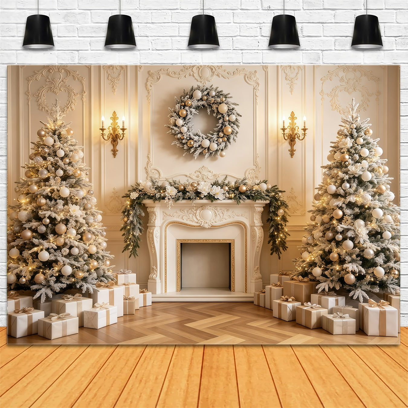 Fireplace Backdrop Christmas Cozy Golden Mantel Decor Indoor Christmas Backdrop GQ68-135