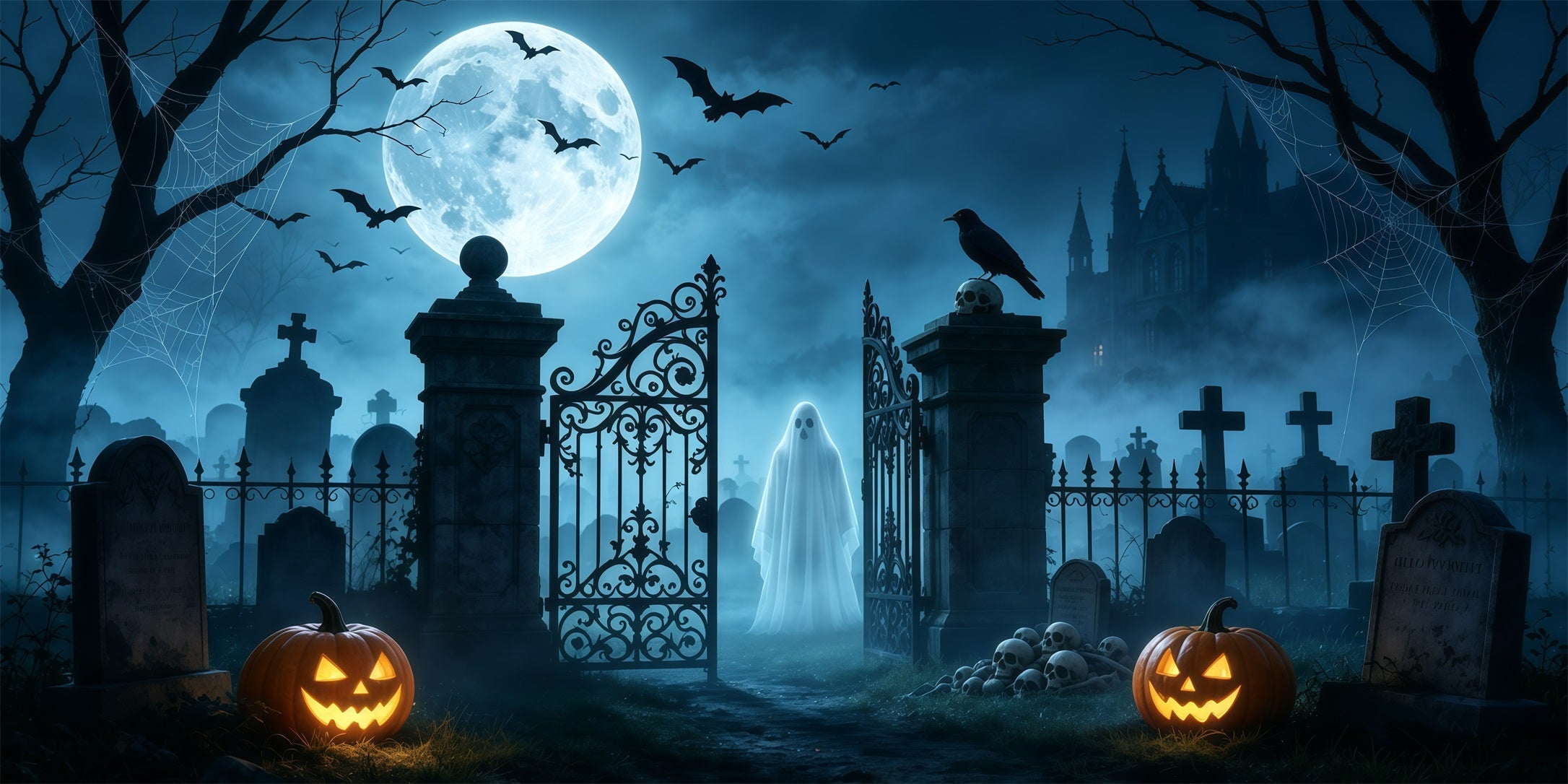 Moonlight Halloween Garage Door Cover Moonlit Ghost Cemetery Gate Halloween Home Exterior Decorations GQ68-15-2 car