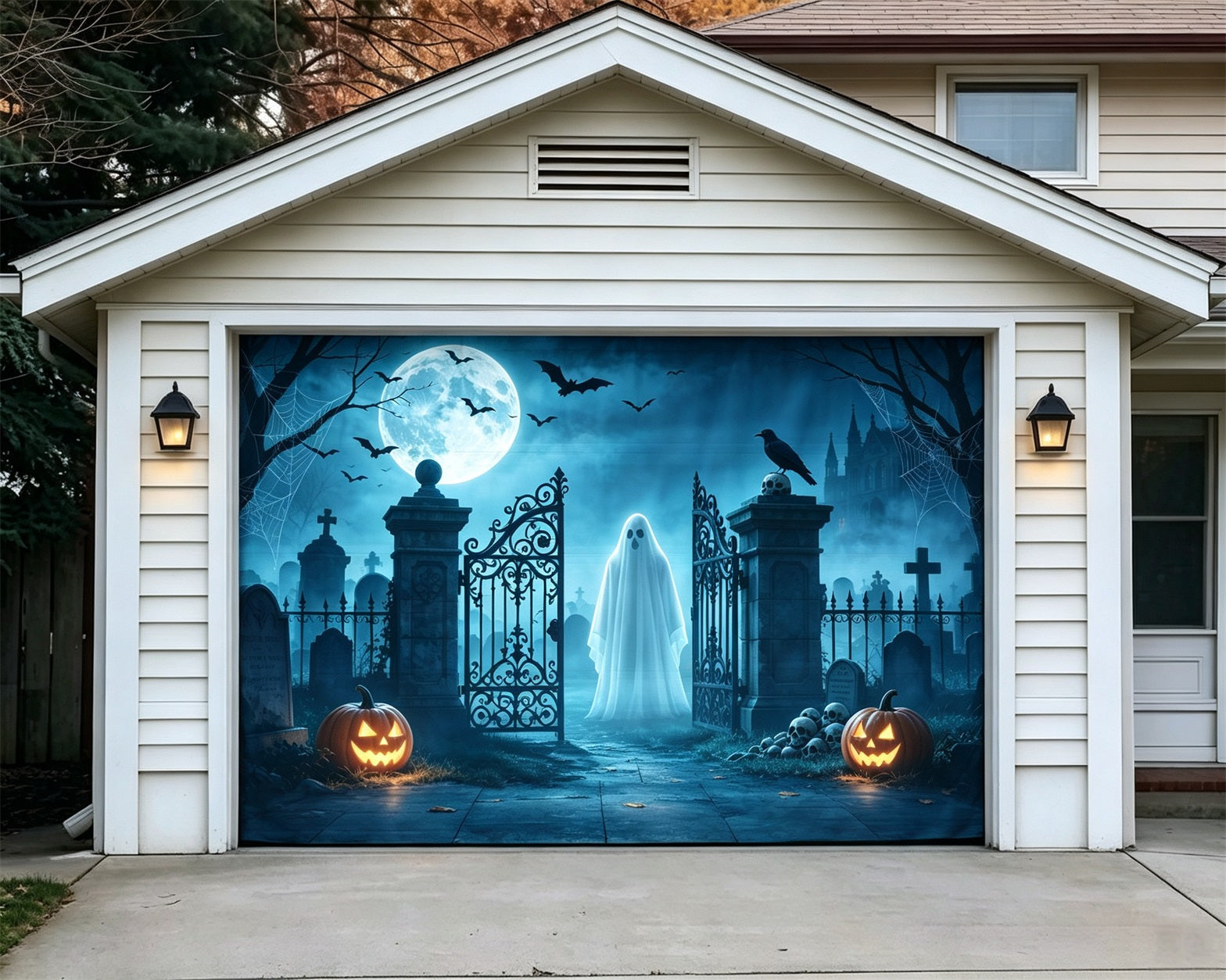 Moonlight Halloween Garage Door Cover Moonlit Ghost Cemetery Gate Halloween Home Exterior Decorations GQ68-15-1 car
