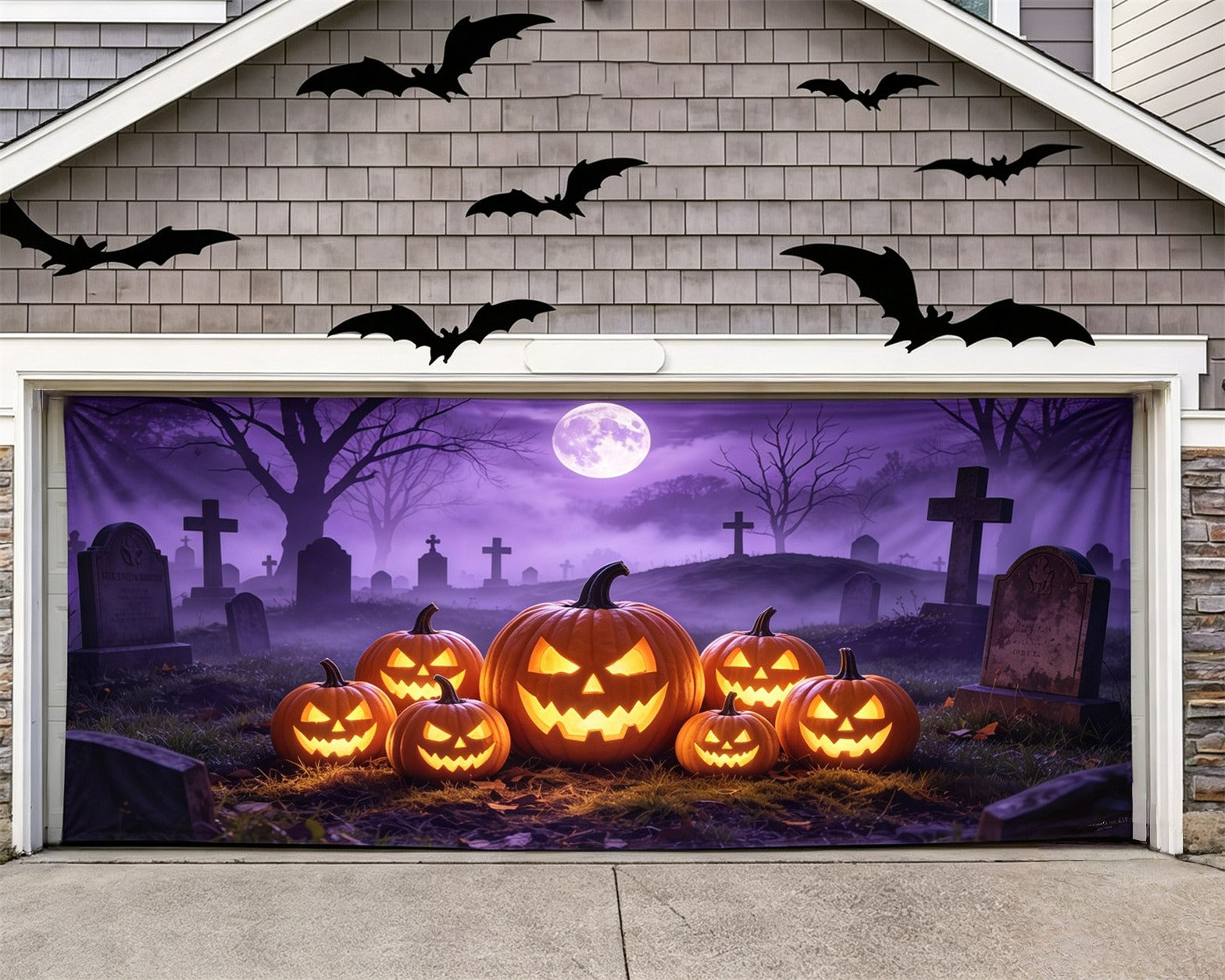 Jack O Lantern Garage Door Cover Purple Moon Pumpkin Graveyard Halloween Outdoor Party Backdrop GQ68-16-2 car