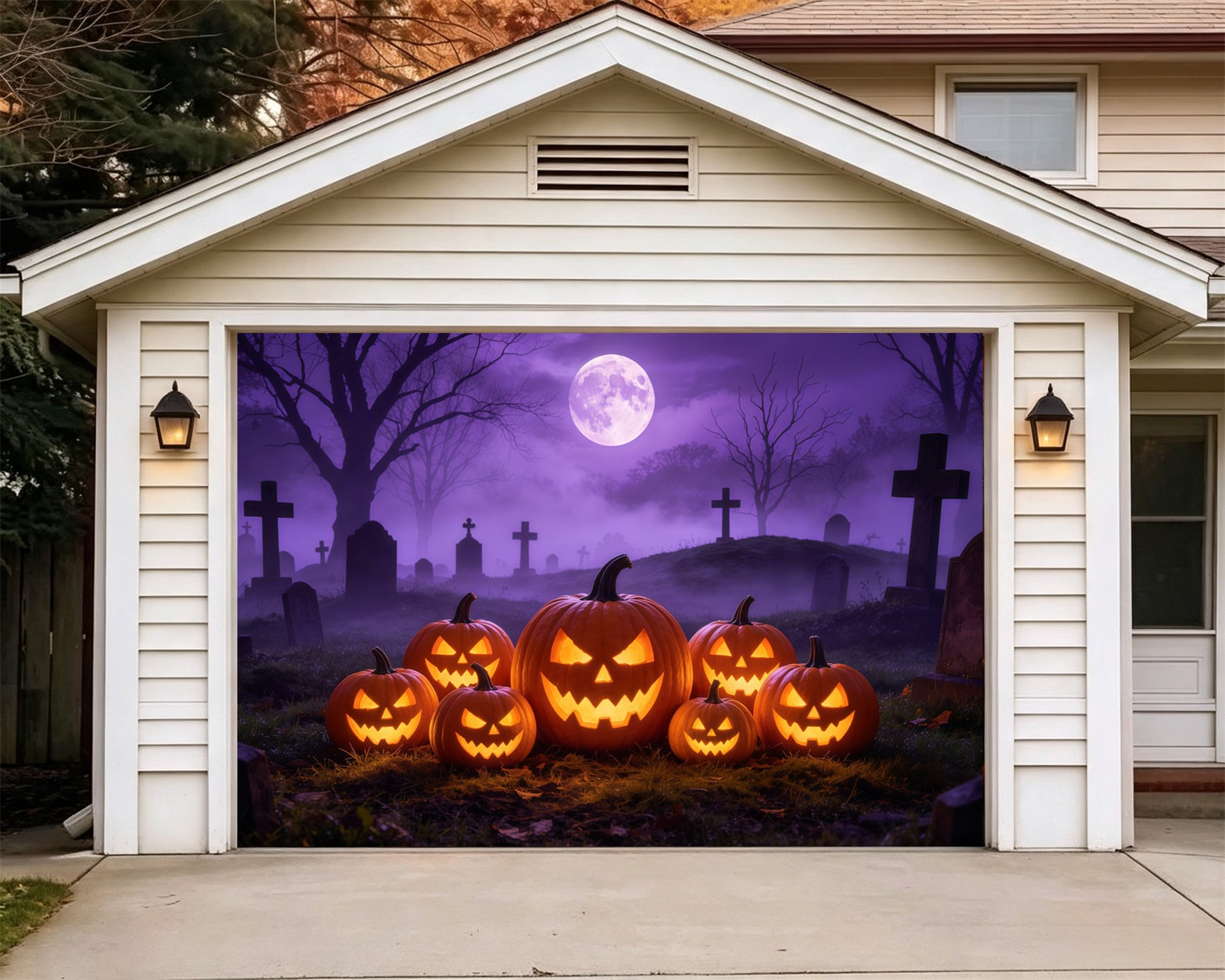 Jack O Lantern Garage Door Cover Purple Moon Pumpkin Graveyard Halloween Outdoor Party Backdrop GQ68-16-1 car