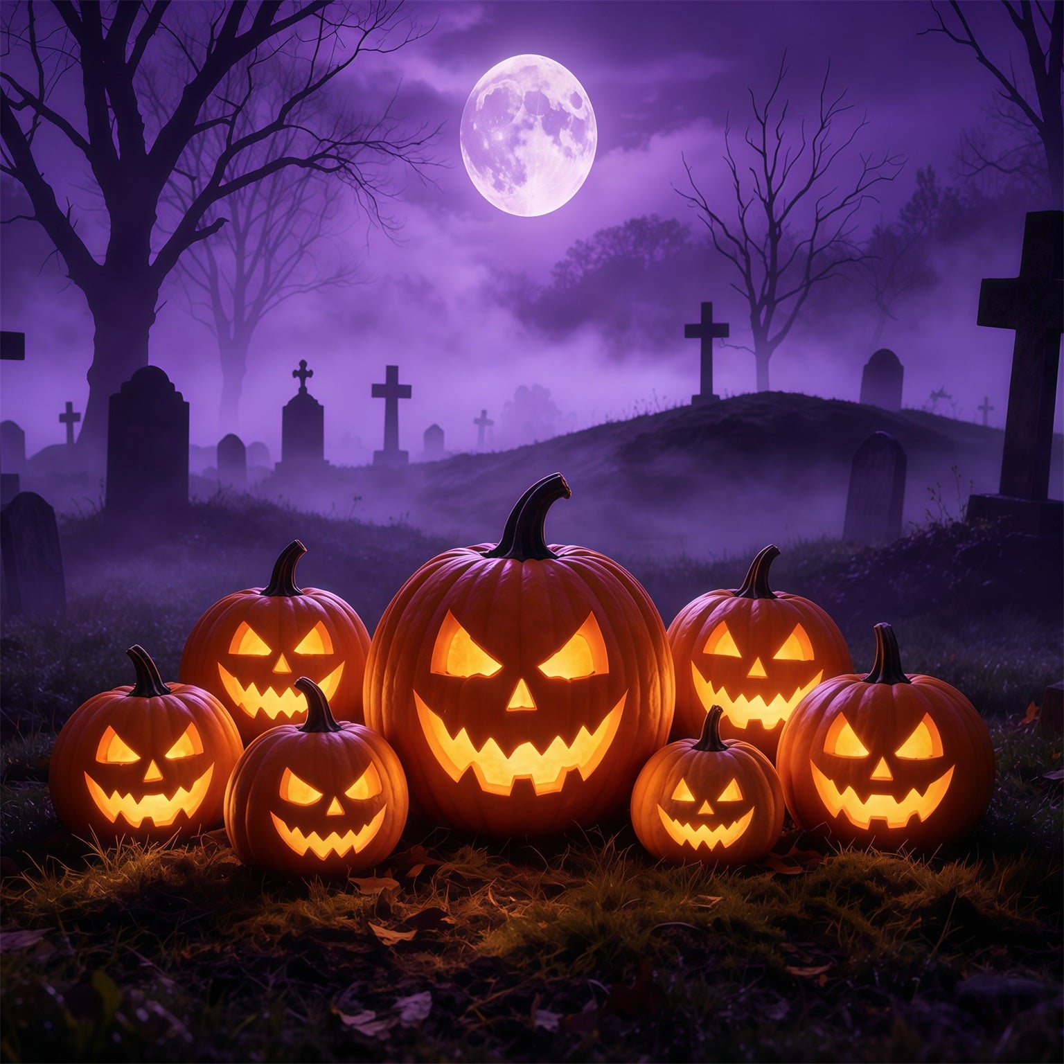 Jack O Lantern Garage Door Cover Purple Moon Pumpkin Graveyard Halloween Outdoor Party Backdrop GQ68-16-1 car