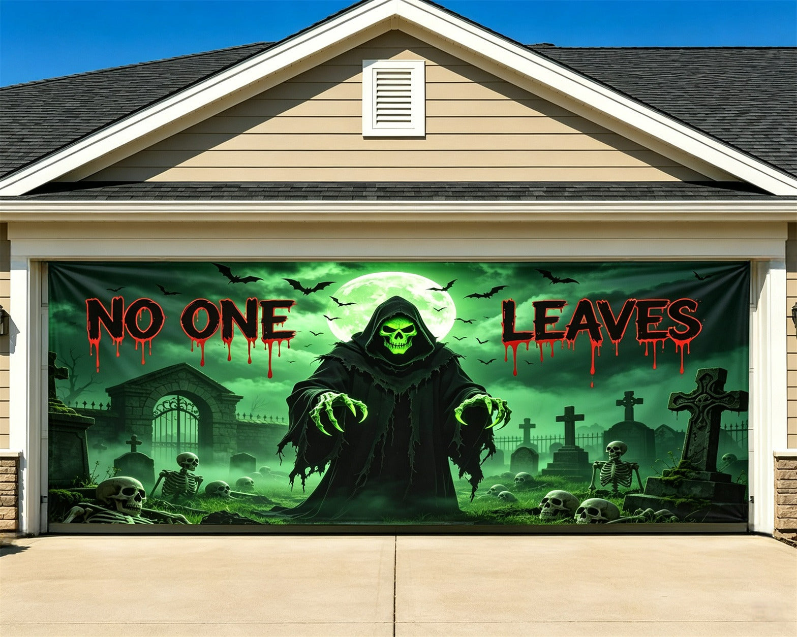 Scary Halloween Garage Door Cover Green Reaper Graveyard Warning Halloween Haunted House Garage Decor GQ68-17-2 car