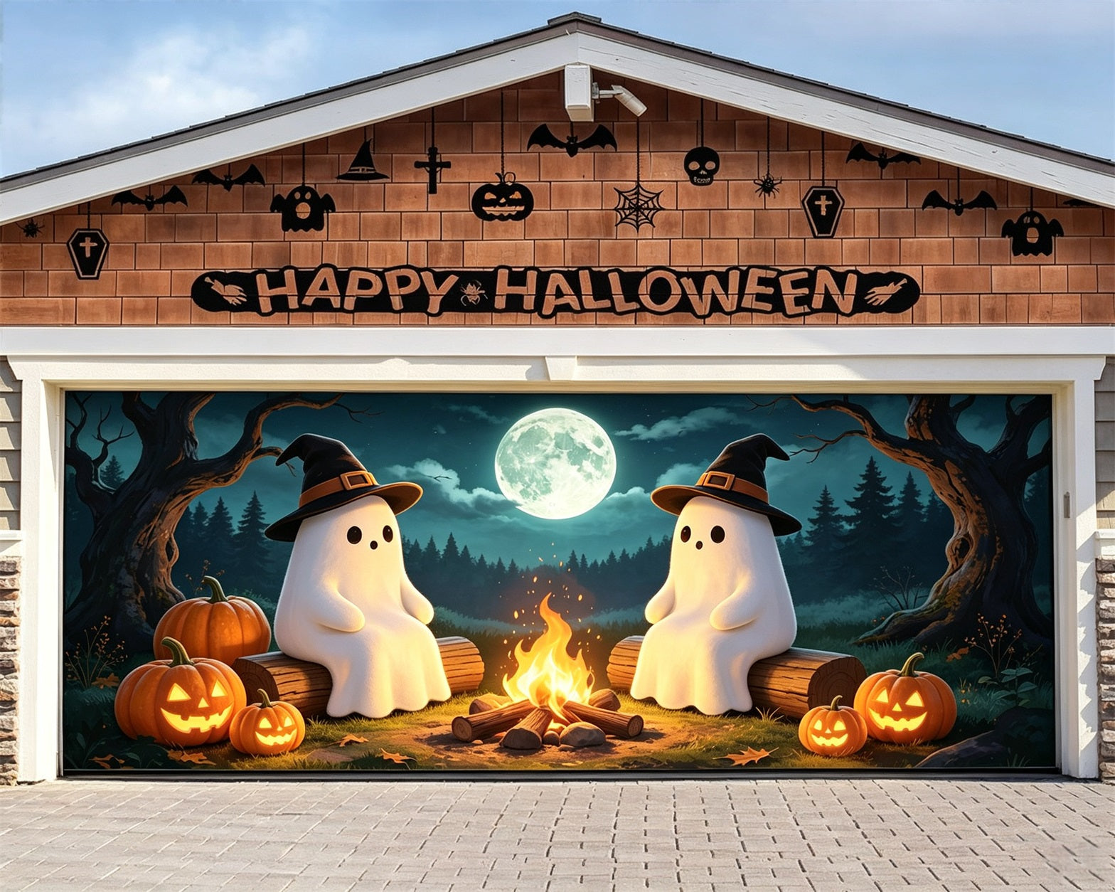Ghost Halloween Garage Door Cover Moonlit Campfire Gathering Extra Large Halloween Garage Door Cover GQ68-2-2 car