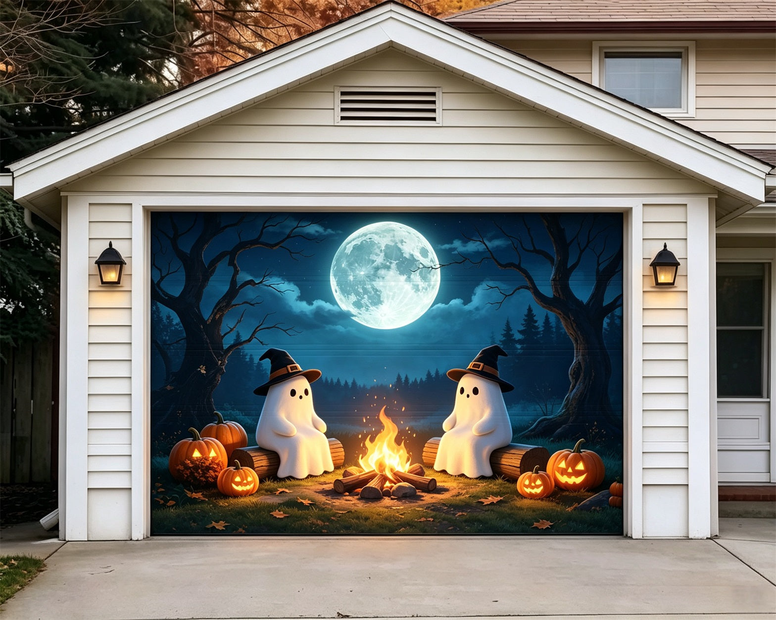 Ghost Halloween Garage Door Cover Moonlit Campfire Gathering Extra Large Halloween Garage Door Cover GQ68-2-1 car