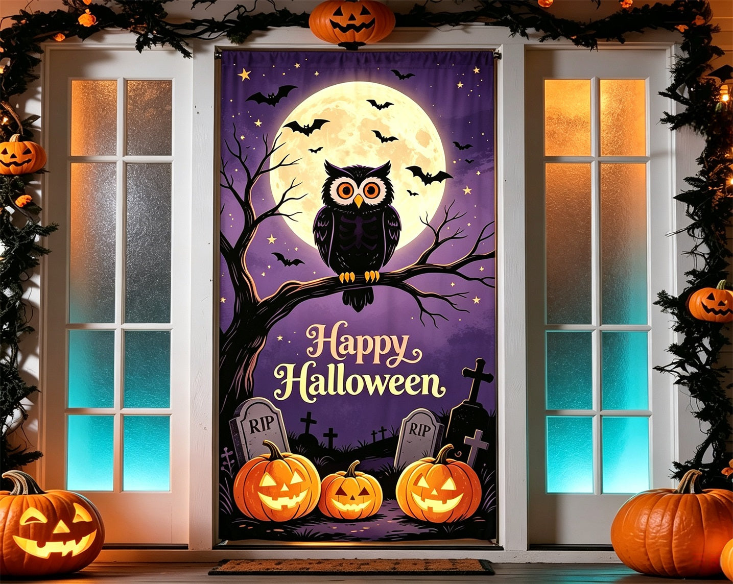 Owl Graveyard Door Moon Owl Cemetery Pumpkins Indoor Halloween Door Banner GQ68-21
