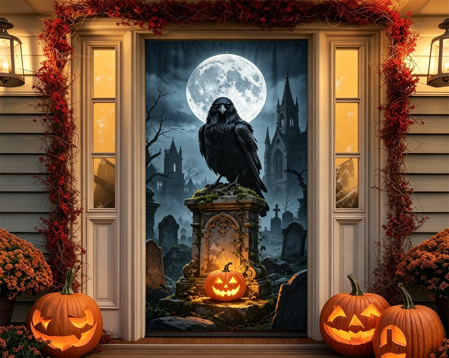 Crow Cemetery Door Moonlit Raven Tombstone Large Halloween Door Cover GQ68-22