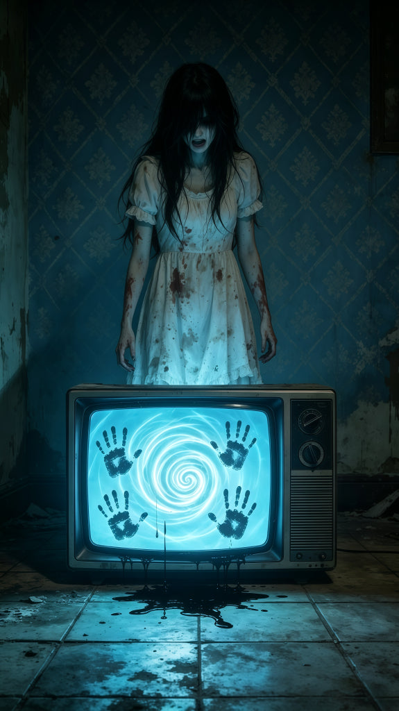 Cursed Portrait Door Creepy Television Girl Haunted Halloween Door Decoration GQ68-27