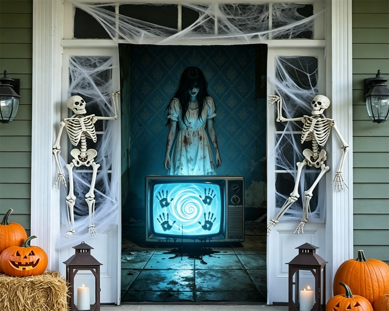Cursed Portrait Door Creepy Television Girl Haunted Halloween Door Decoration GQ68-27