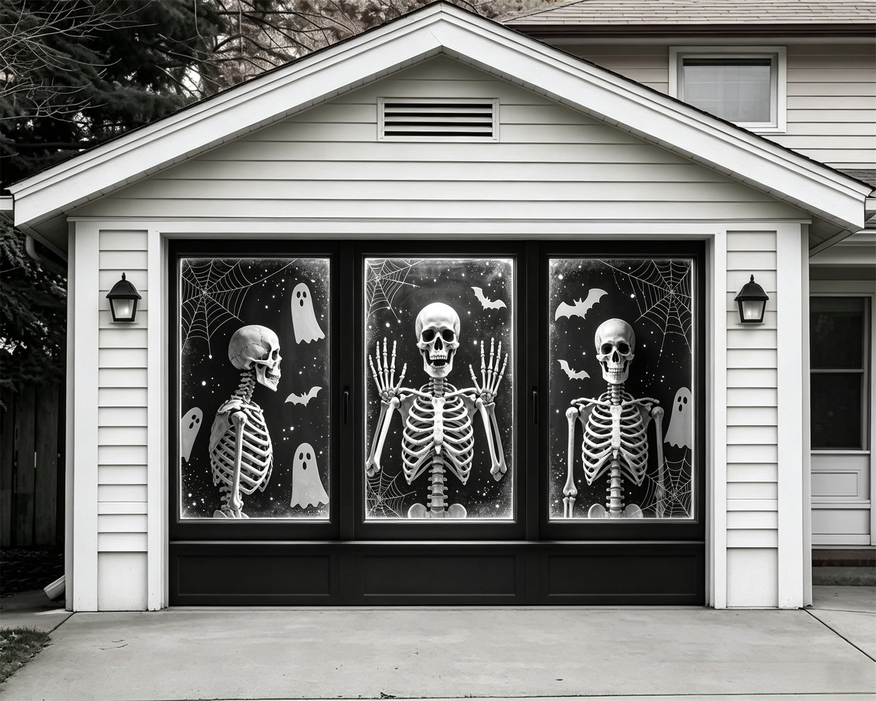 Skeleton Halloween Garage Door Cover Skeleton Ghost Cobweb Window Full Size Halloween Garage Door Cover GQ68-3-1 car