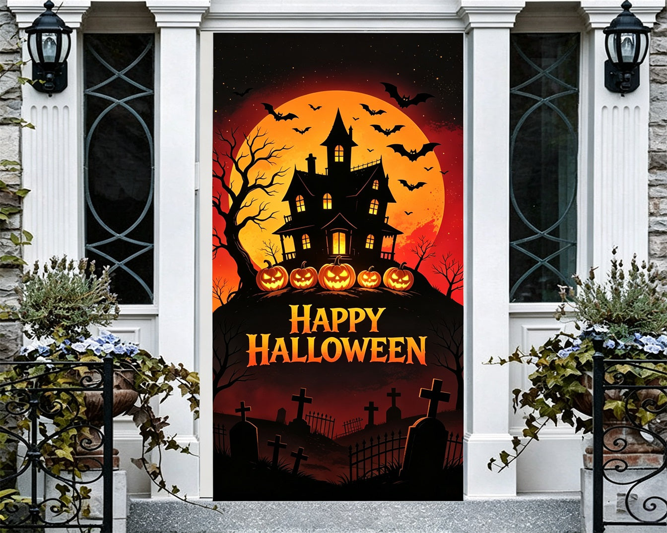 Haunted Mansion Door Full Moon House Silhouette Halloween Door Cover GQ68-30