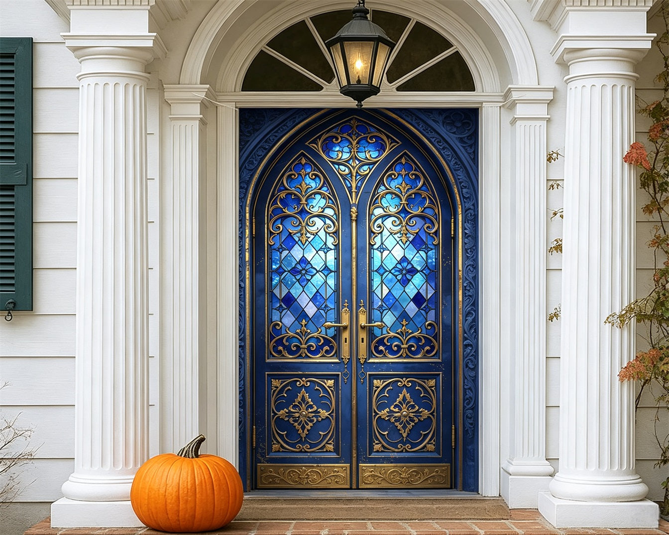 Gothic Cathedral Door Stained Glass Blue Door Gothic Door Banner GQ68-33