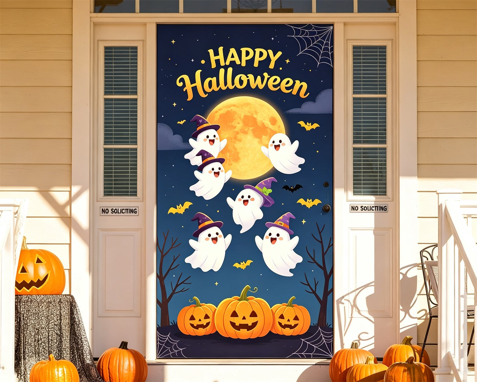 Cute Ghost Door Moonlit Ghost Pumpkin Party Reusable Halloween Door Cover GQ68-37