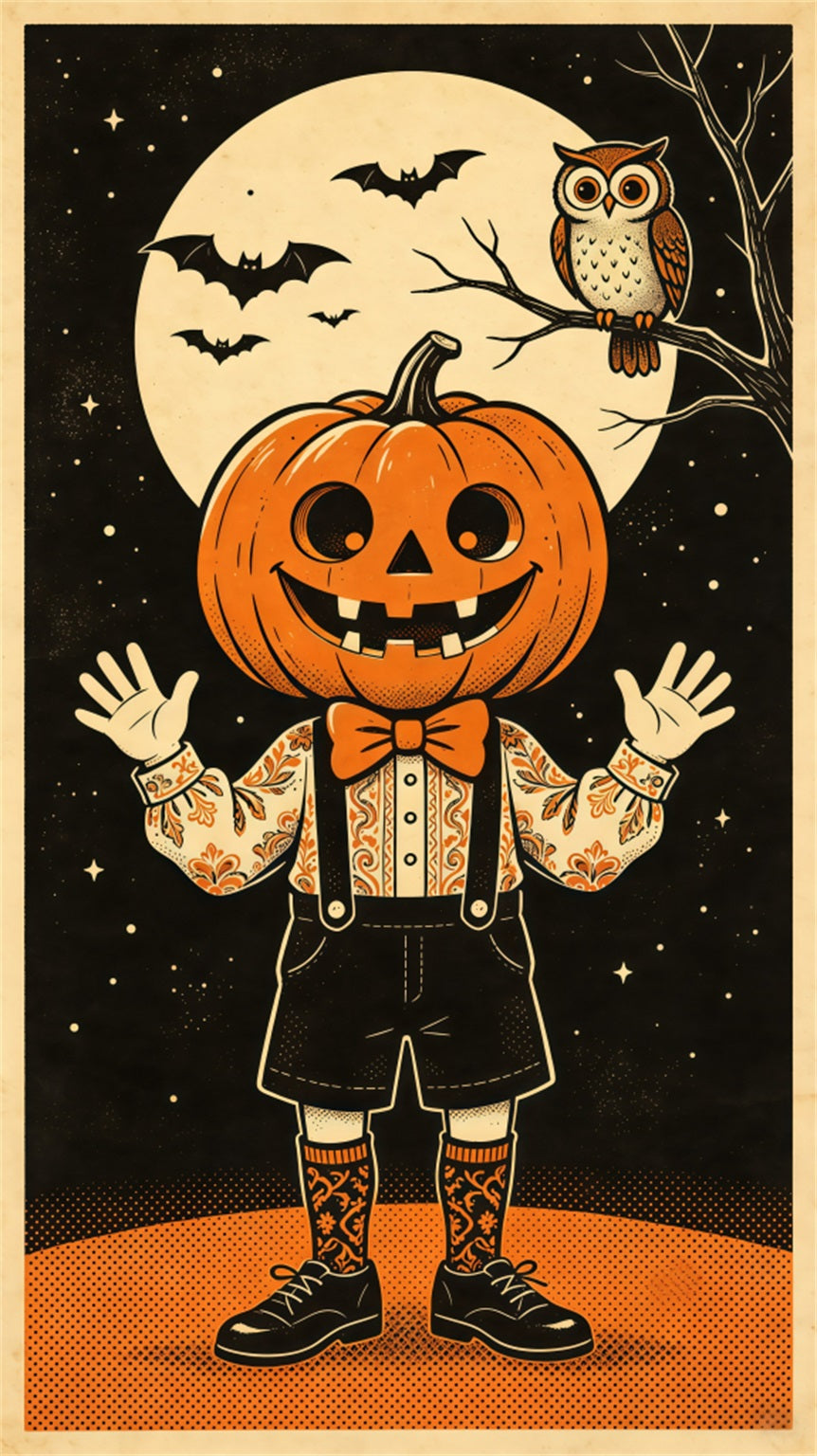 Vintage Halloween Door Pumpkin Owl Illustration Fabric Halloween Door Banner GQ68-38