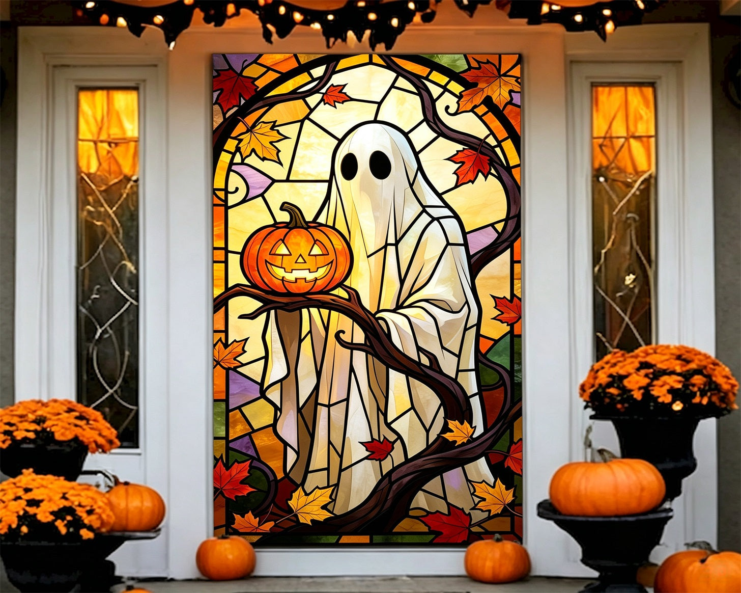 Stained Glass Ghost Door Pumpkin Ghost Leaves Halloween House Door Decoration GQ68-39