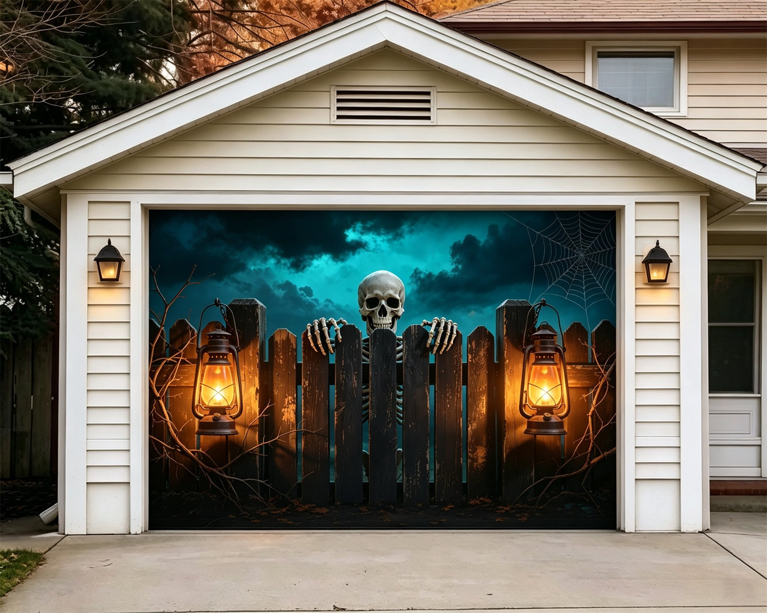 Skull Halloween Garage Door Decor Skeleton Fence Lantern Glow Double Garage Door Halloween Cover GQ68-4-1 car