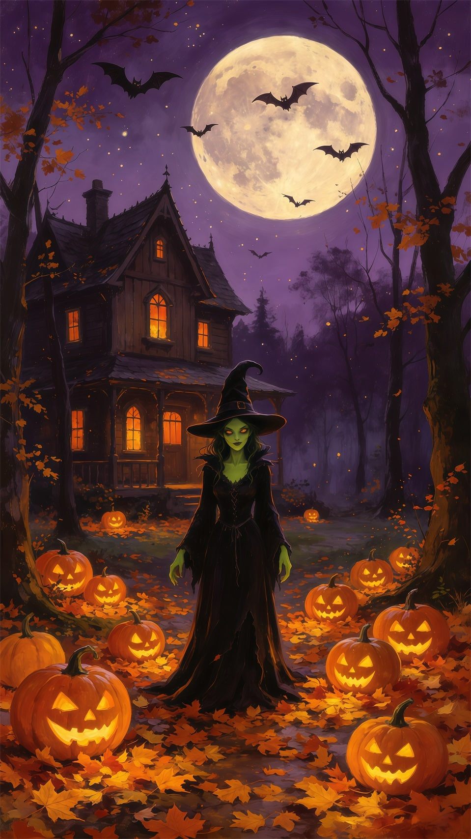Witch Cottage Door Moonlit Forest Pumpkin Halloween Door Curtain GQ68-48