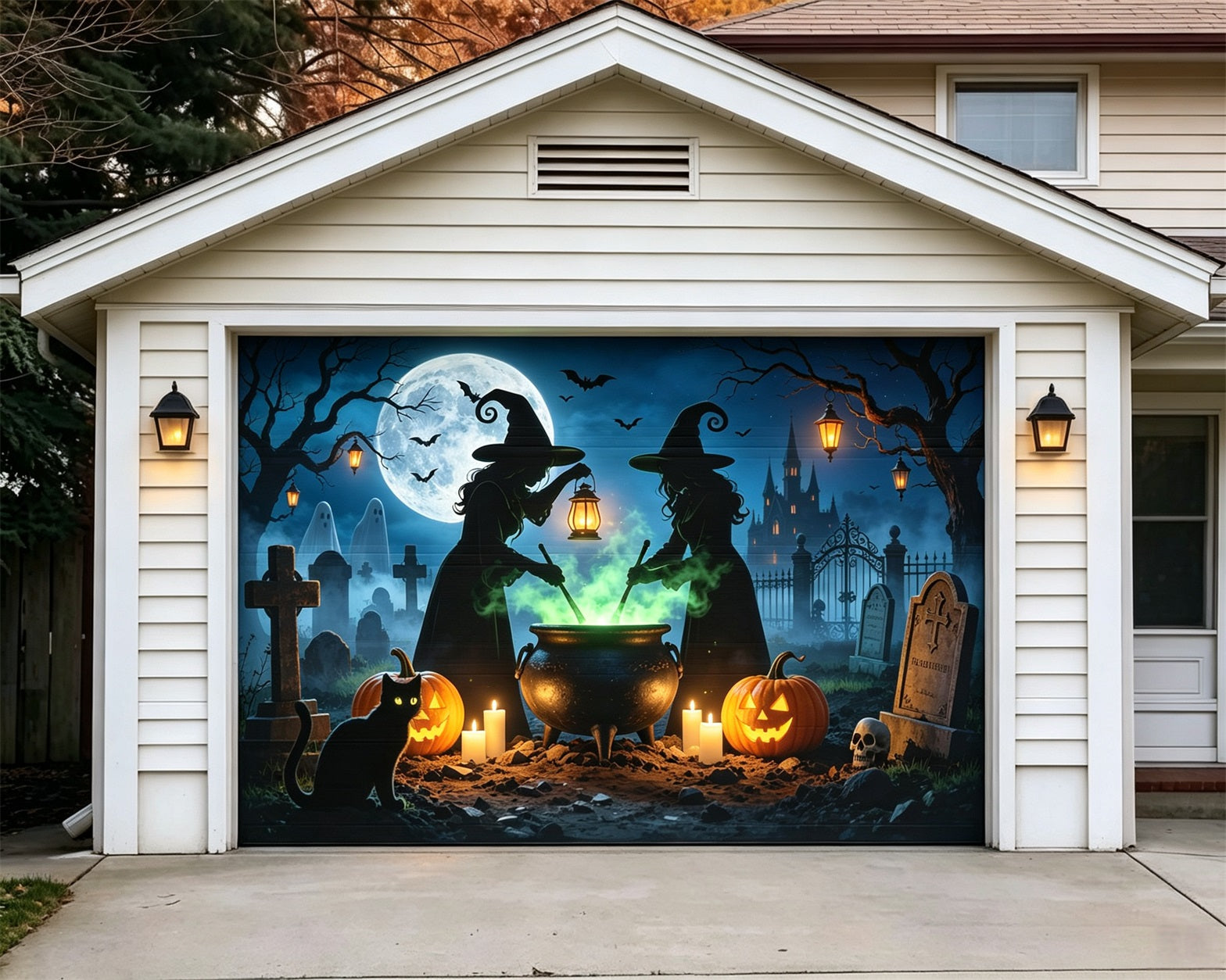 Witch Halloween Garage Door Cover Moonlit Cauldron Graveyard Two Car Garage Door Halloween Cover GQ68-5-1 car