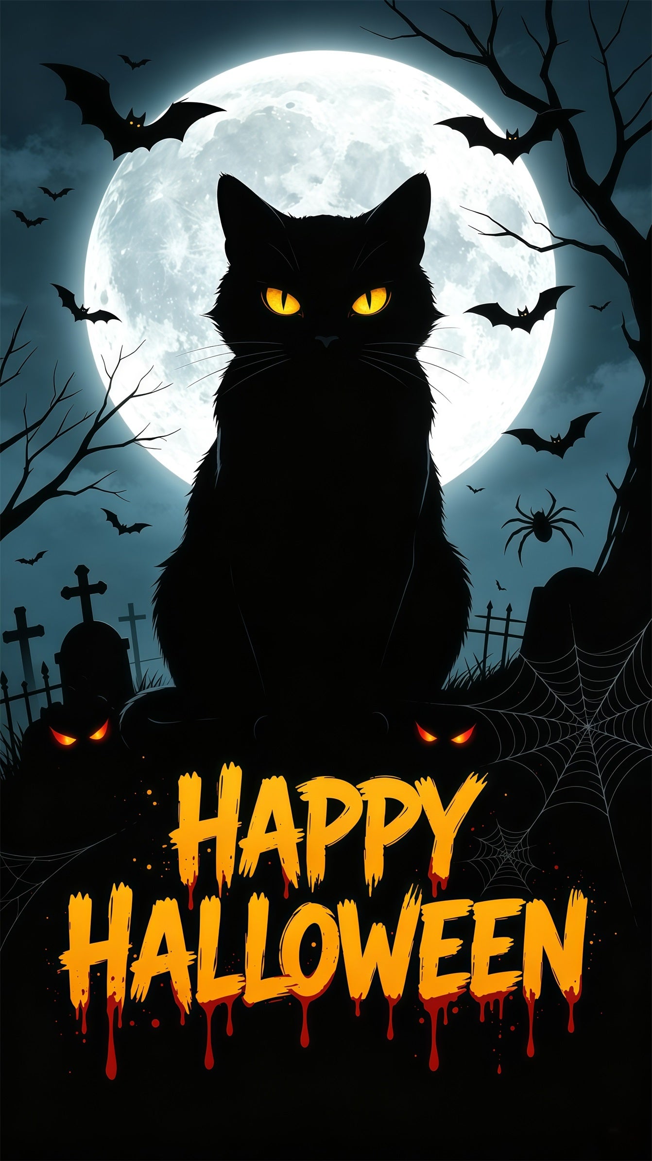 Black Cat Moon Door Moonlit Graveyard Tombstone Halloween Front Door Cover GQ68-50