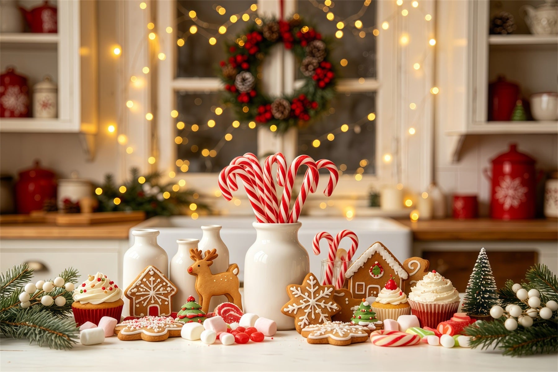 Christmas Kitchen Backdrop Candy Bakery Gingerbread Decor Photography Backdrops Christmas GQ68-56