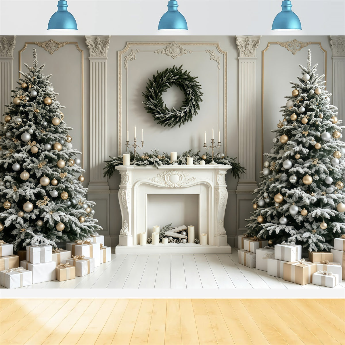 Christmas Fireplace Backdrop White Retro Wall Trees Christmas Studio Backdrop GQ68-59