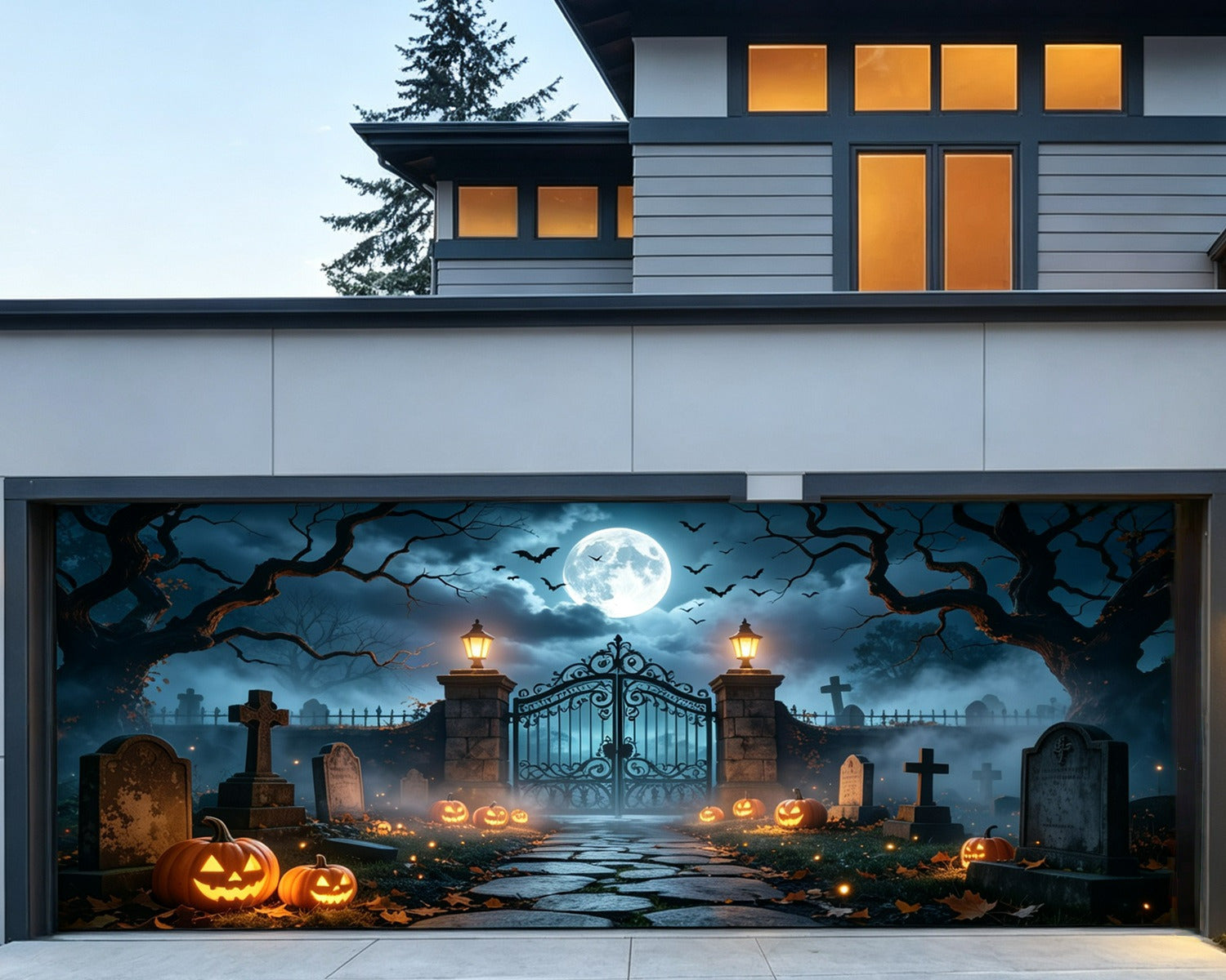 Haunted House Garage Door Cover Moonlit Pumpkin Cemetery Gate Single Garage Door Halloween Cover GQ68-6-2 car