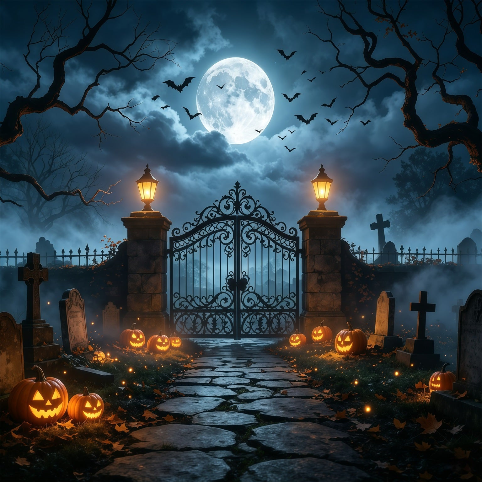 Haunted House Garage Door Cover Moonlit Pumpkin Cemetery Gate Single Garage Door Halloween Cover GQ68-6-1 car