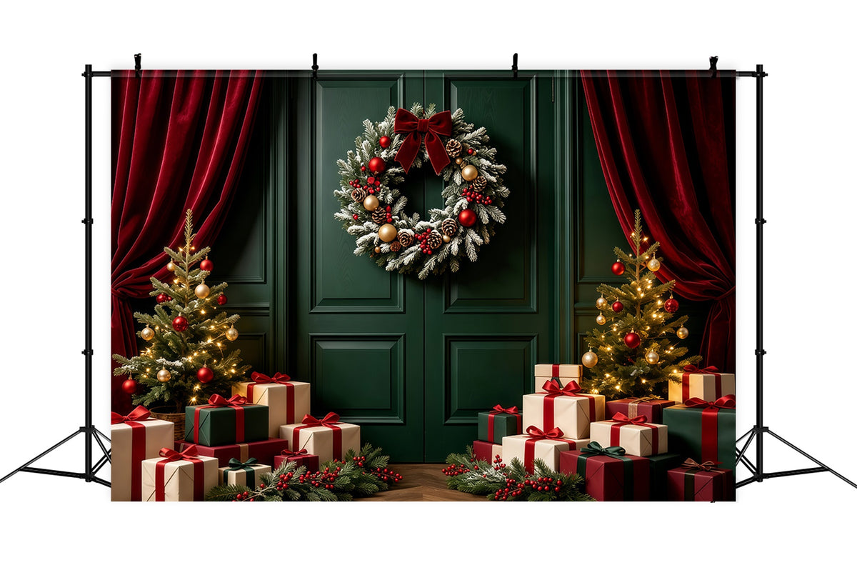 Green Christmas Backdrop Door Wreath Gift Display Photography Backdrop Christmas GQ68-60