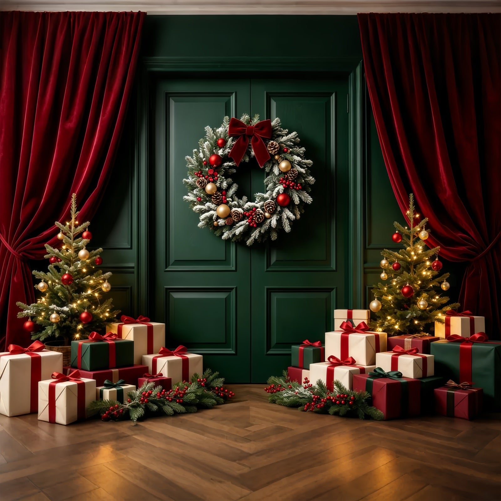 Green Christmas Backdrop Door Wreath Gift Display Photography Backdrop Christmas GQ68-60