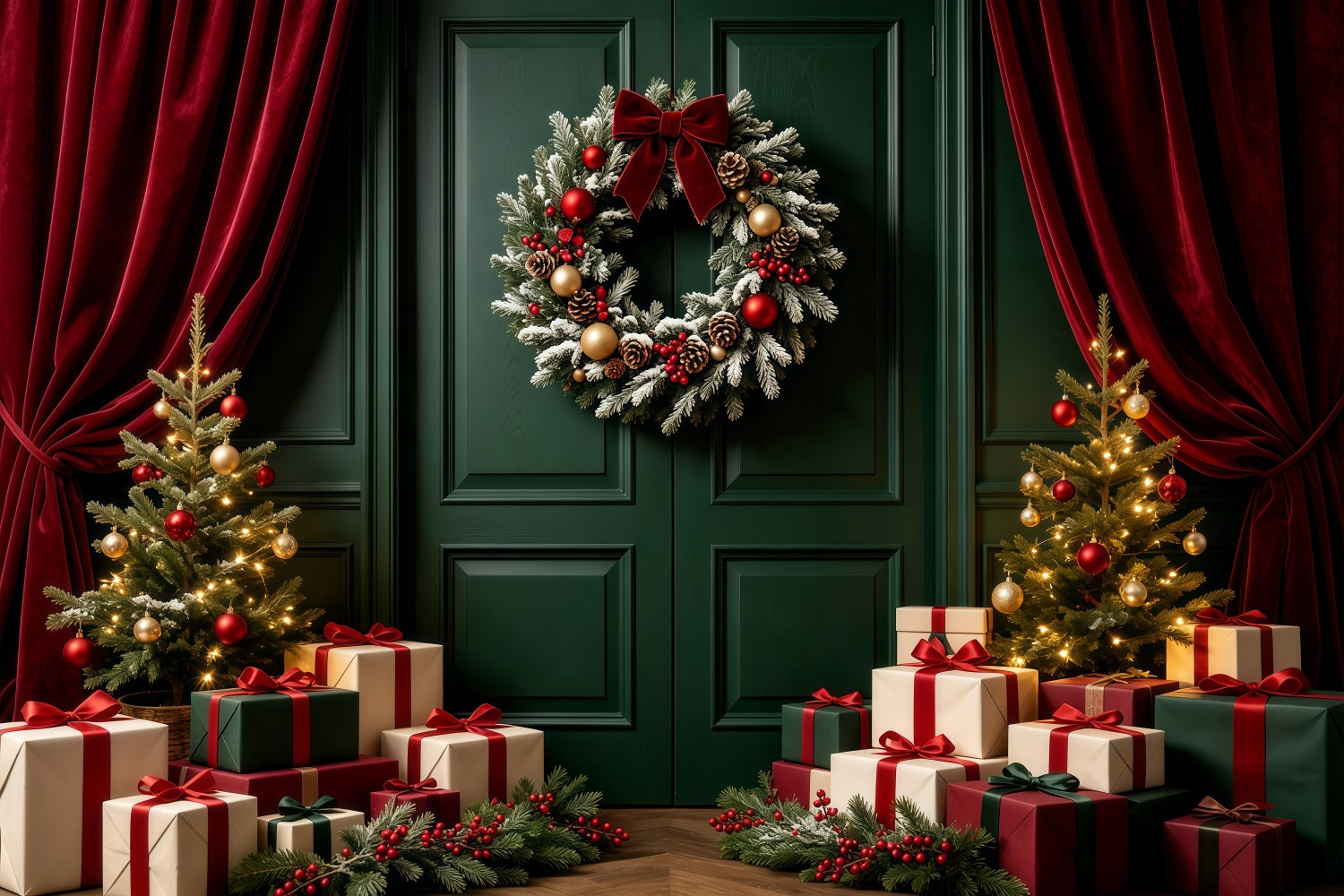 Green Christmas Backdrop Door Wreath Gift Display Photography Backdrop Christmas GQ68-60