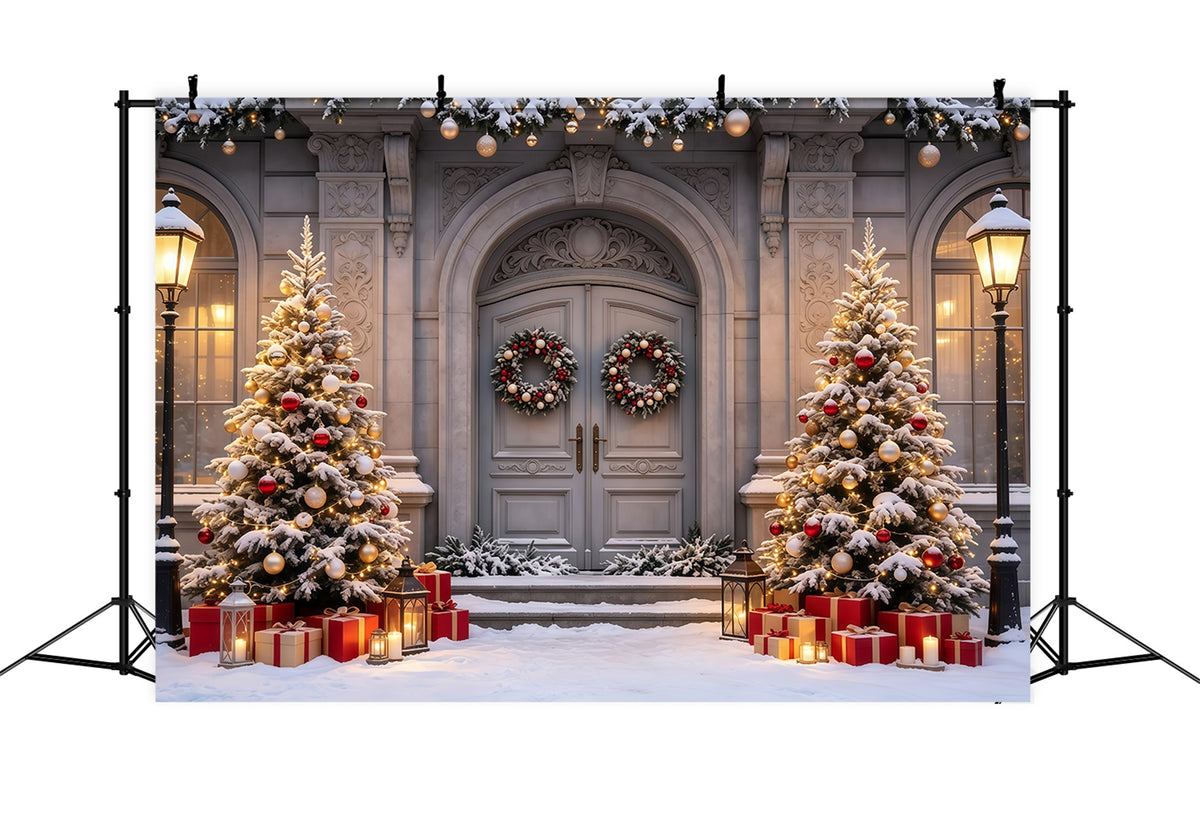 Christmas House Backdrop Snowy Mansion Doorway Trees Indoor Christmas Backdrop GQ68-61