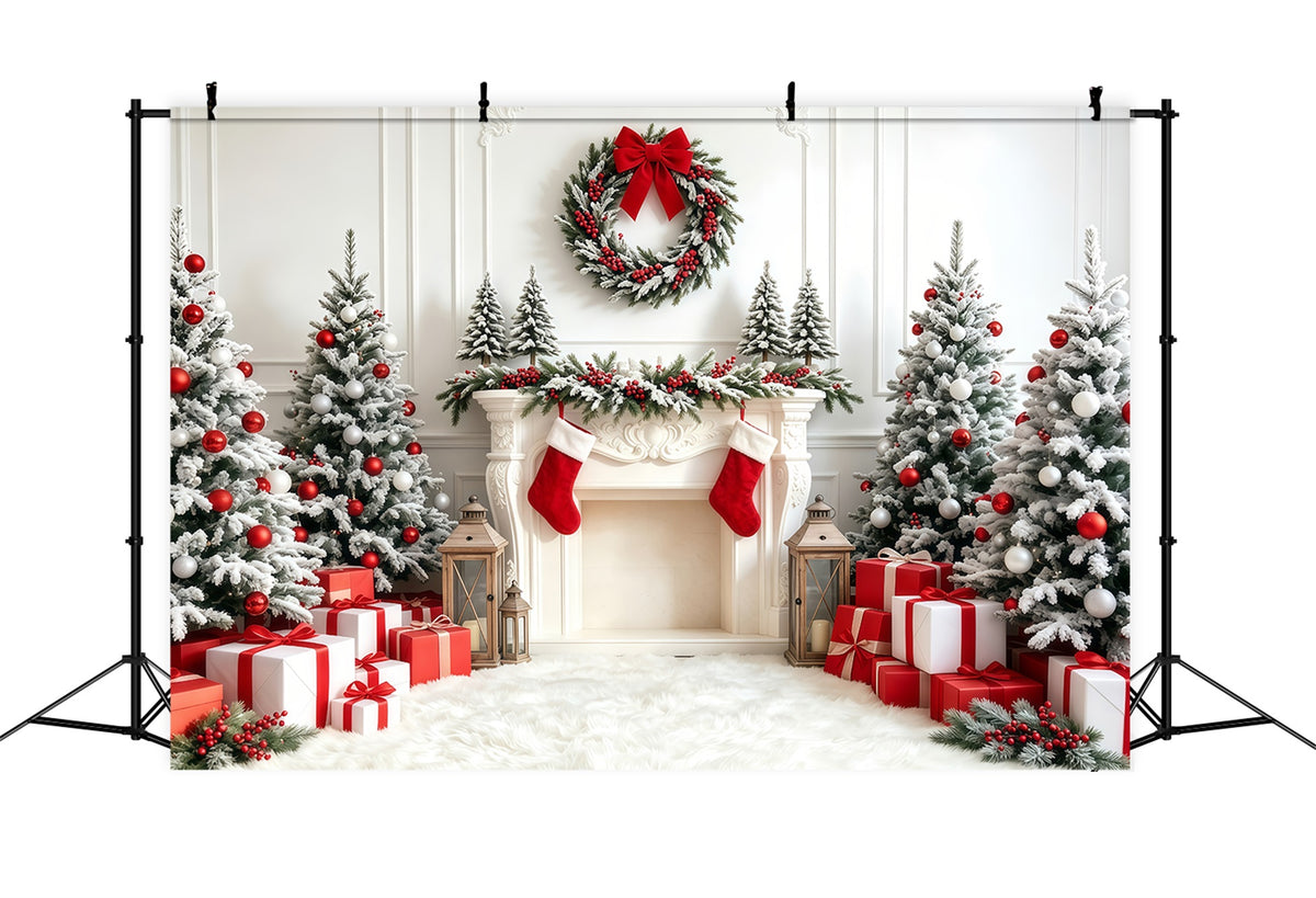 Christmas Tree Backdrop White Red Stocking Fireplace Studio Christmas Backdrops GQ68-67