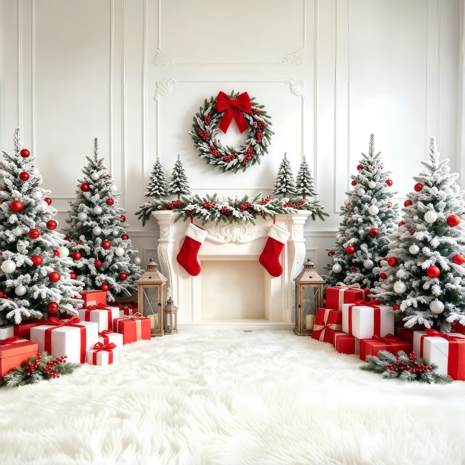 Christmas Tree Backdrop White Red Stocking Fireplace Studio Christmas Backdrops GQ68-67