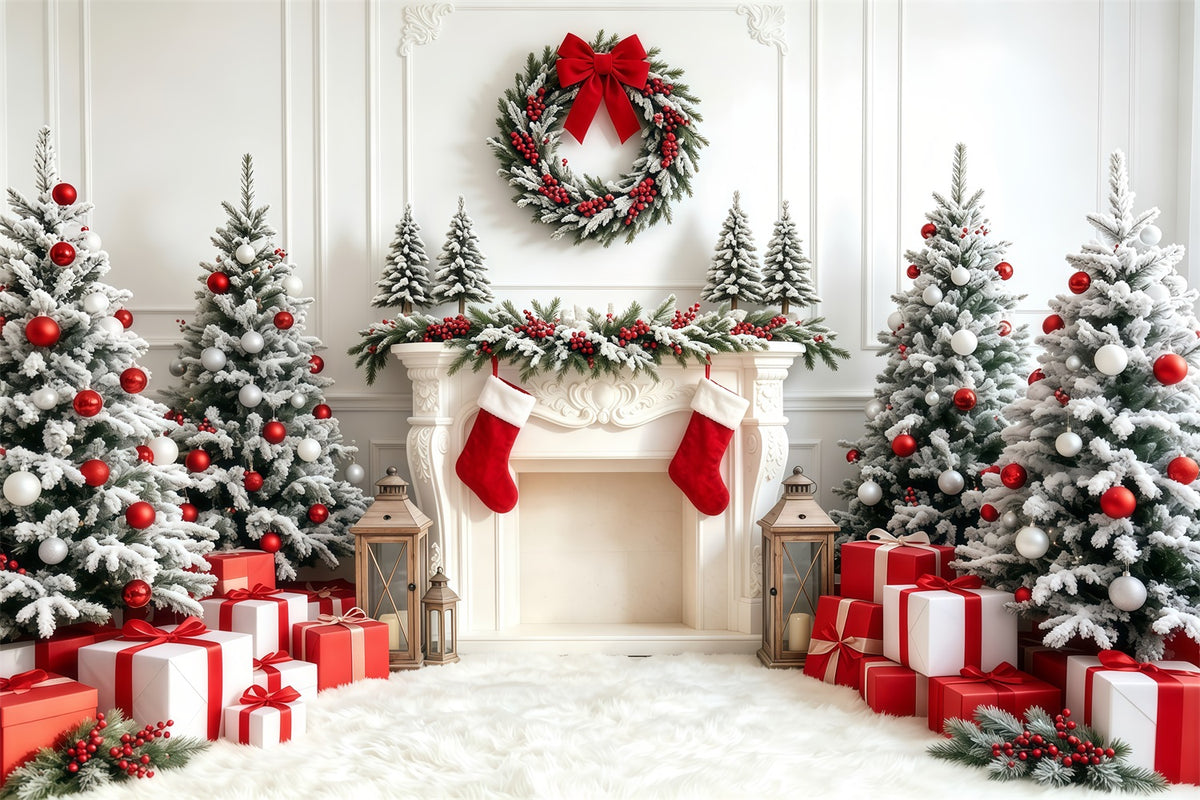 Christmas Tree Backdrop White Red Stocking Fireplace Studio Christmas Backdrops GQ68-67
