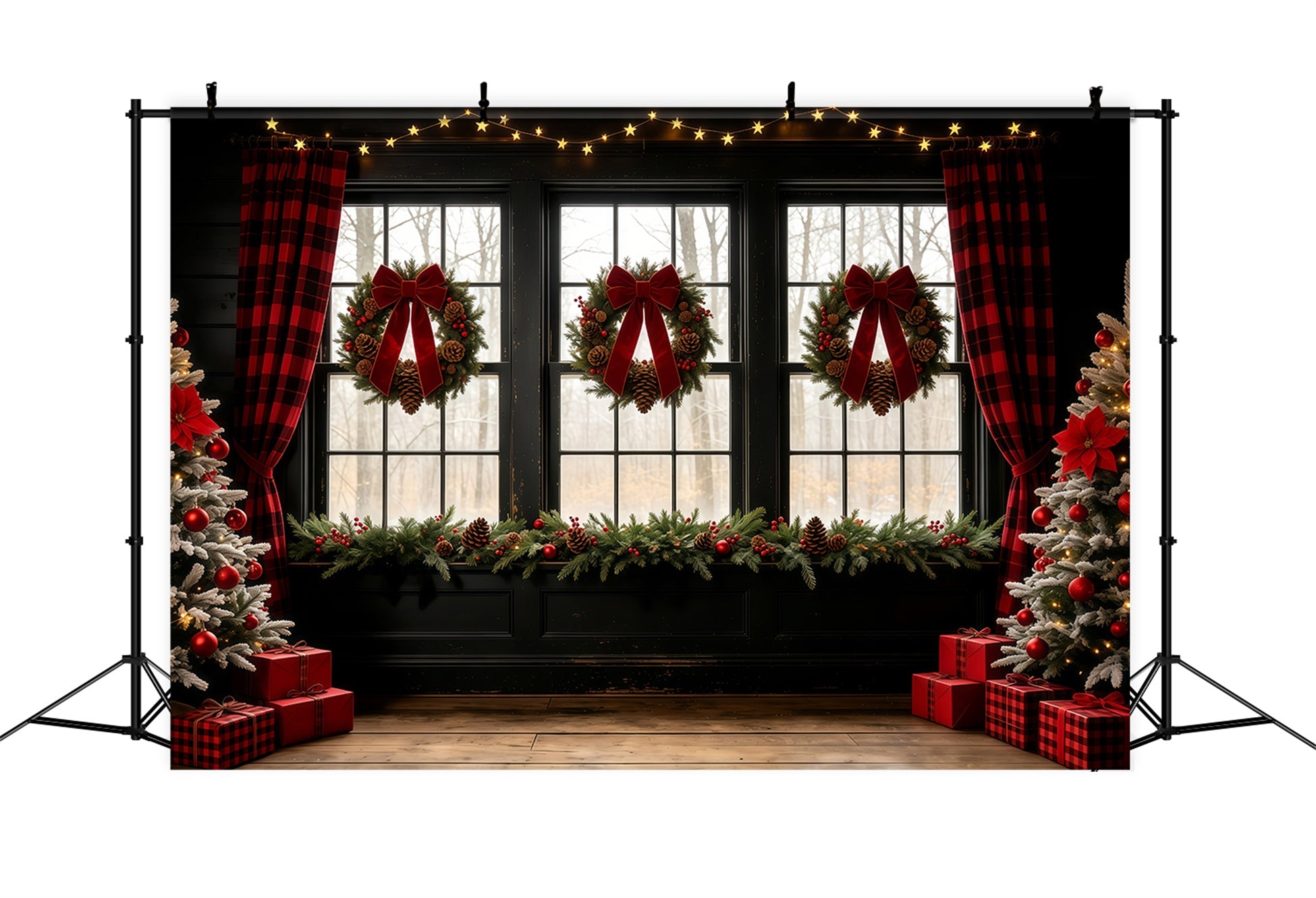 Christmas Window Backdrop Bow Wreath Rustic Curtain Wall Christmas Backdrop GQ68-68