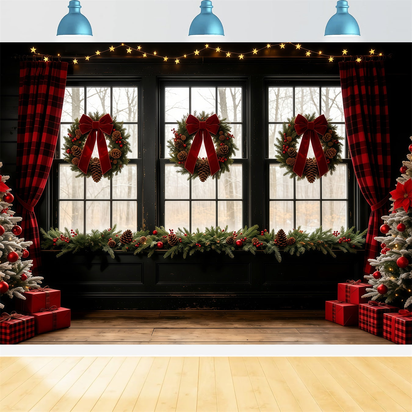 Christmas Window Backdrop Bow Wreath Rustic Curtain Wall Christmas Backdrop GQ68-68