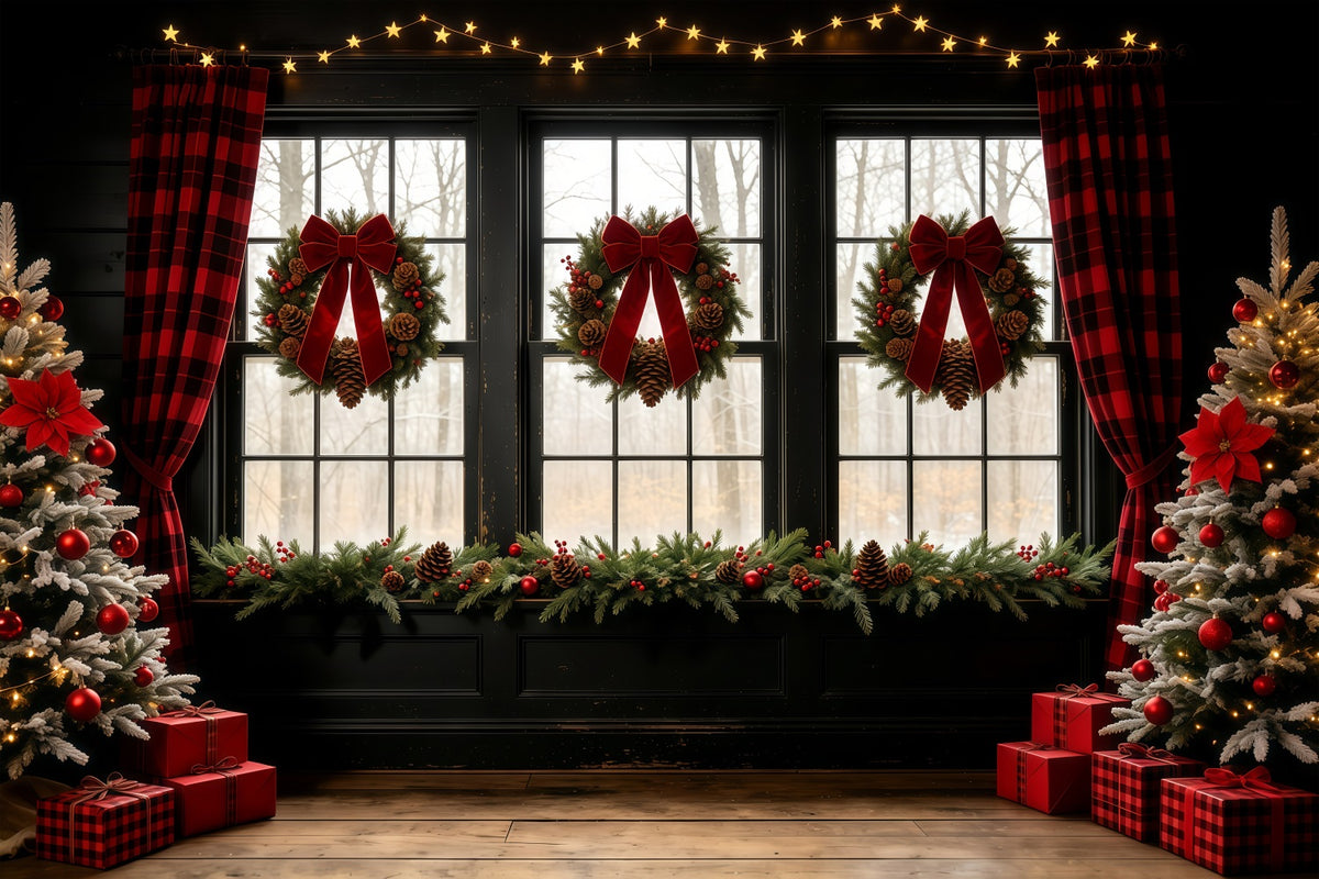Christmas Window Backdrop Bow Wreath Rustic Curtain Wall Christmas Backdrop GQ68-68
