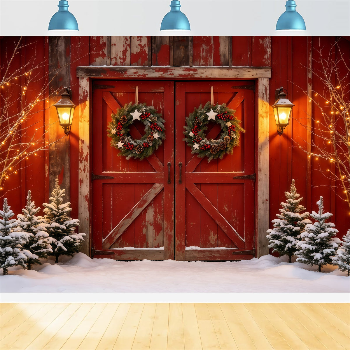Barn Door Christmas Backdrop Rustic Red Door Lantern Christmas Muslin Backdrop GQ68-69