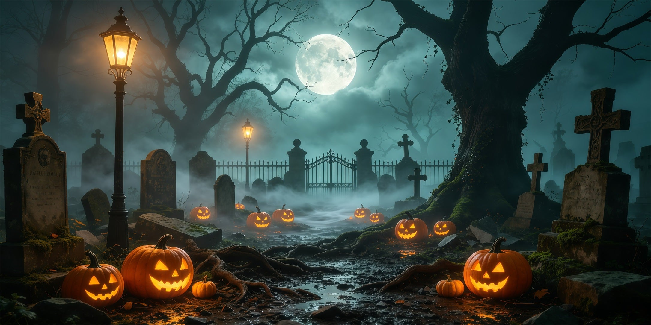 Graveyard Halloween Garage Door Cover Foggy Pumpkin Path Oversized Halloween Garage Door Decor GQ68-7-2 car
